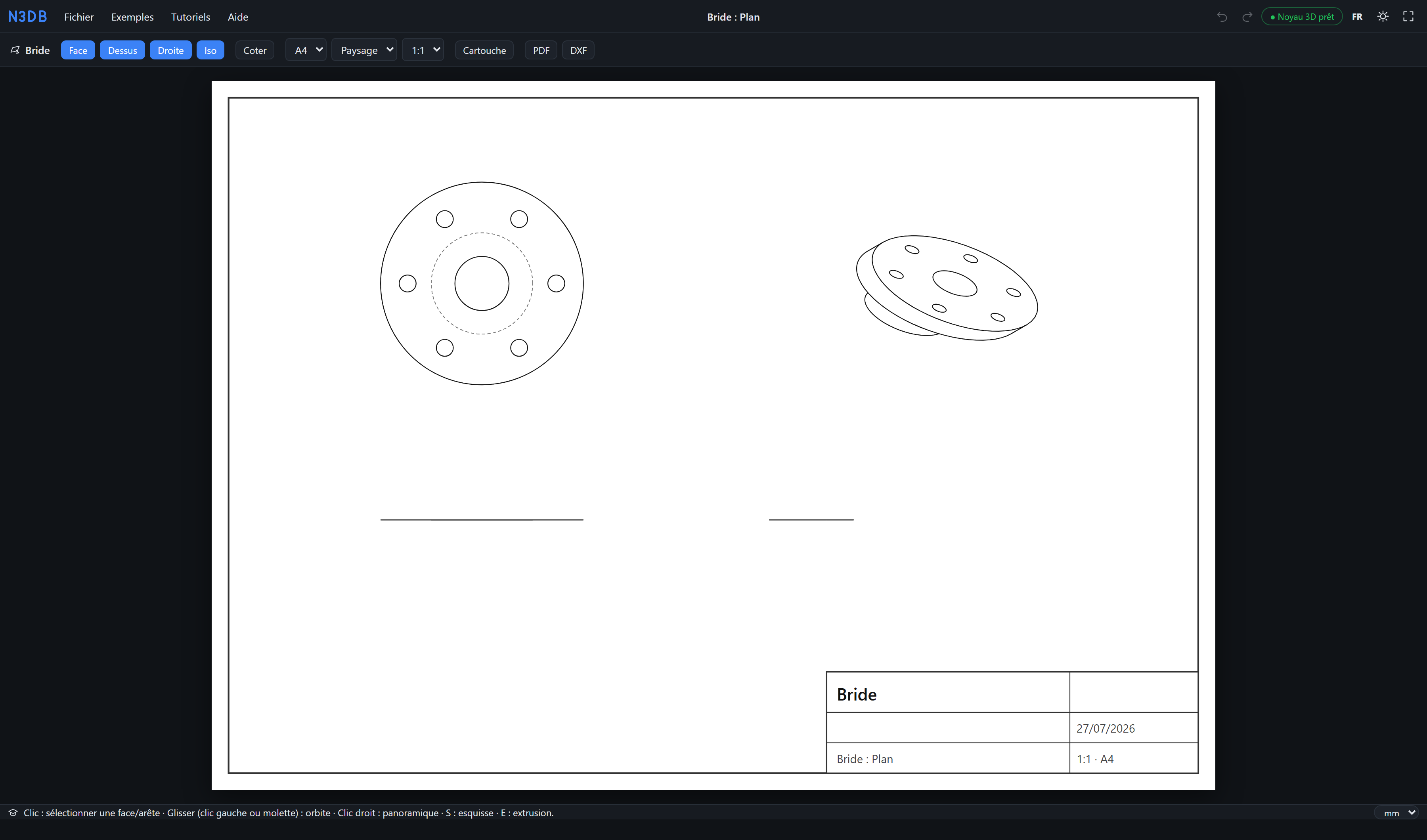 N3DB. Mise en plan A4 : quatre vues projetées, arêtes cachées en traits interrompus, cartouche renseigné, export PDF et DXF.