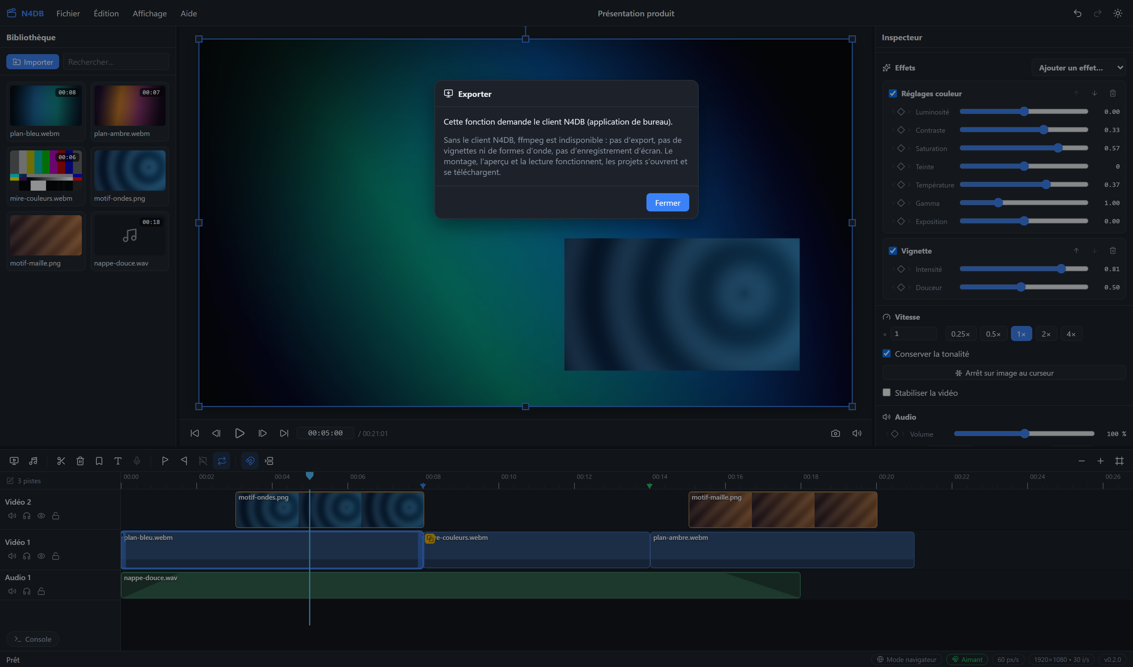 N4DB. L’export ouvert depuis le montage. Dans un navigateur, N4DB annonce sa limite plutôt que de la masquer : le rendu image par image passe par ffmpeg, qui vit dans le client de bureau. Monter, prévisualiser et lire fonctionnent, eux, entièrement dans l’onglet.